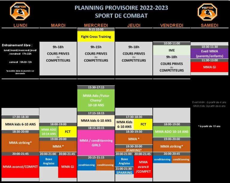 Planning sports de combat Yoh Fox Académie